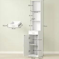 ProximaX Meuble de salle de bain haut et étroit, avec tiroir, porte et étagères réglables, pour salle de bain ou salon, blanc