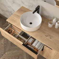 Ensemble Meuble De Salle De Bains|Cosyneo Meuble de salle de bain KING avec vasque à poser ronde et miroir Led STAM - Roble (chêne clair) - 120cm