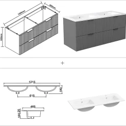 Meuble Vasque|AICA Sanitaire Meuble de salle de bain mural 120 cm Anthracite - 4 tiroirs + Lavabo double en céramique,