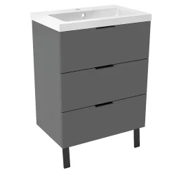Meuble Vasque|AICA Sanitaire Meuble de salle de bain mural avec pieds Anthracite 60 cm - 3 tiroirs, lavabo inclus,