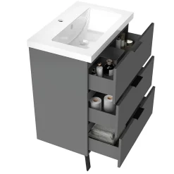 Meuble Vasque|AICA Sanitaire Meuble de salle de bain mural avec pieds Anthracite 60 cm - 3 tiroirs, lavabo inclus,