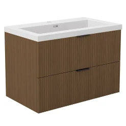 Meuble Vasque|AICA Sanitaire Meuble de salle de bain mural 80 cm Noyer - 2 tiroirs, lavabo (jointless & résistant),
