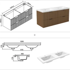 Meuble Vasque|AICA Sanitaire Meuble de salle de bain mural Noyer 120 cm - 4 tiroirs, lavabo inclus,