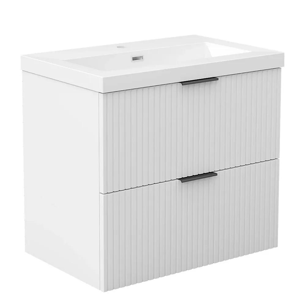 AICA Sanitaire Meuble de salle de bain mural 60 cm Blanc - 2 tiroirs, lavabo (jointless & résistant),