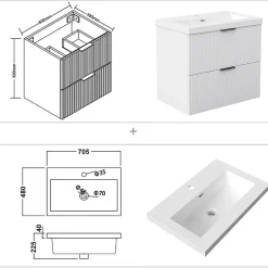 AICA Sanitaire Meuble de salle de bain mural 60 cm Blanc - 2 tiroirs, lavabo (jointless & résistant),