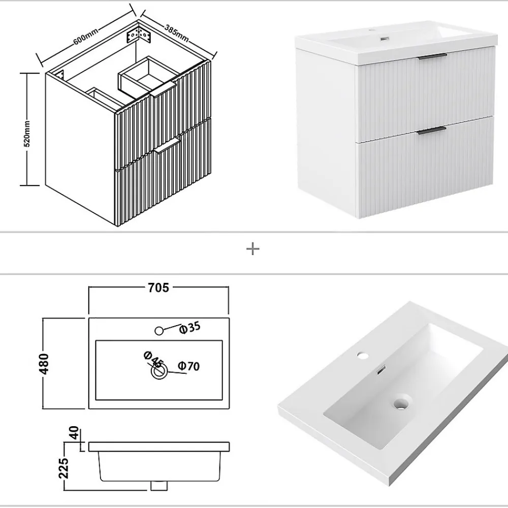 AICA Sanitaire Meuble de salle de bain mural 60 cm Blanc - 2 tiroirs, lavabo (jointless & résistant),