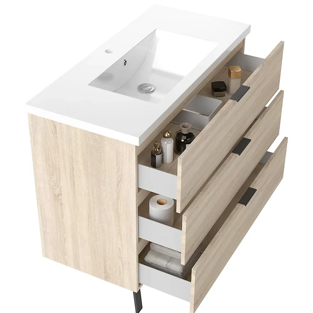 Meuble Vasque|AICA Sanitaire Meuble de salle de bain mural avec pieds Chêne 100 cm - 3 tiroirs, lavabo inclus,