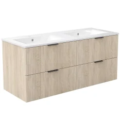 Meuble Vasque|AICA Sanitaire Meuble de salle de bain mural 120 cm Chêne - 4 tiroirs + Lavabo double en céramique,