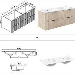 Meuble Vasque|AICA Sanitaire Meuble de salle de bain mural 120 cm Chêne - 4 tiroirs + Lavabo double en céramique,