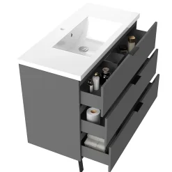 Meuble Vasque|AICA Sanitaire Meuble de salle de bain mural avec pieds Anthracite 100 cm - 3 tiroirs, lavabo inclus,