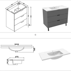Meuble Vasque|AICA Sanitaire Meuble de salle de bain mural avec pieds Anthracite 100 cm - 3 tiroirs, lavabo inclus,