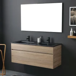 Ensemble Meuble De Salle De Bains|Kiamami Valentina Meuble De Salle De Bain Mobile 120 Cm En Chêne Naturel Avec Double Lavabo Noir Mat - Soleil