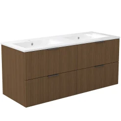 Meuble Vasque|AICA Sanitaire Meuble de salle de bain mural 120 cm Noyer - 4 tiroirs + Lavabo double en céramique,