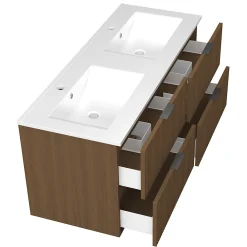 Meuble Vasque|AICA Sanitaire Meuble de salle de bain mural 120 cm Noyer - 4 tiroirs + Lavabo double en céramique,