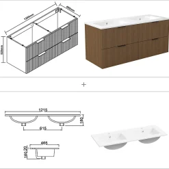 Meuble Vasque|AICA Sanitaire Meuble de salle de bain mural 120 cm Noyer - 4 tiroirs + Lavabo double en céramique,