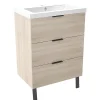 Meuble Vasque|AICA Sanitaire Meuble de salle de bain mural avec pieds Chêne 60 cm - 3 tiroirs, lavabo inclus,
