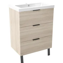 Meuble Vasque|AICA Sanitaire Meuble de salle de bain mural avec pieds Chêne 60 cm - 3 tiroirs, lavabo inclus,