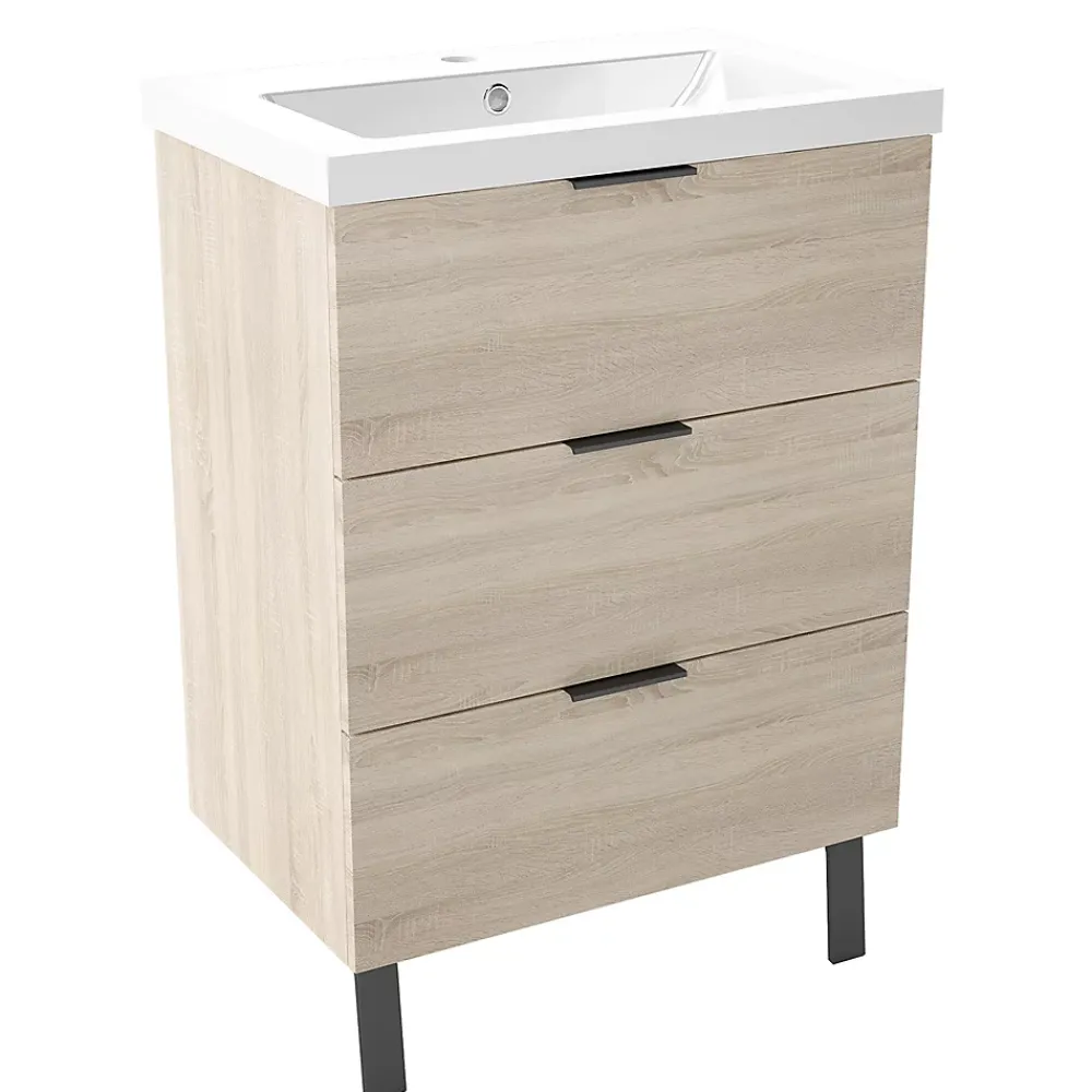 Meuble Vasque|AICA Sanitaire Meuble de salle de bain mural avec pieds Chêne 60 cm - 3 tiroirs, lavabo inclus,