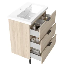 Meuble Vasque|AICA Sanitaire Meuble de salle de bain mural avec pieds Chêne 60 cm - 3 tiroirs, lavabo inclus,