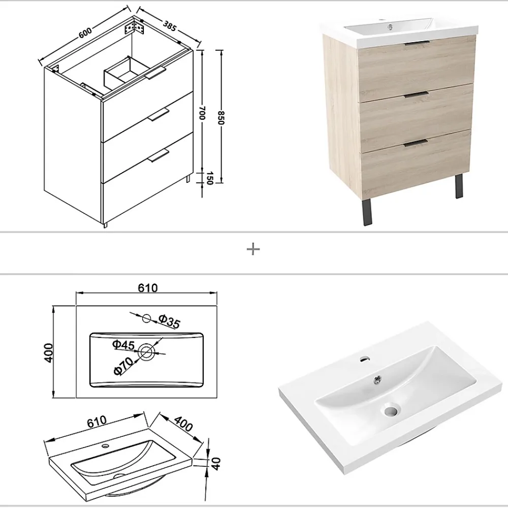 Meuble Vasque|AICA Sanitaire Meuble de salle de bain mural avec pieds Chêne 60 cm - 3 tiroirs, lavabo inclus,