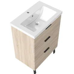 Meuble Vasque|AICA Sanitaire Meuble de salle de bain mural avec pieds Chêne 60 cm - 3 tiroirs, lavabo inclus,