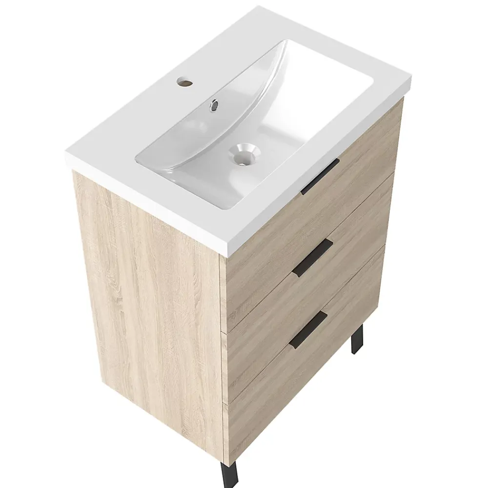 Meuble Vasque|AICA Sanitaire Meuble de salle de bain mural avec pieds Chêne 60 cm - 3 tiroirs, lavabo inclus,