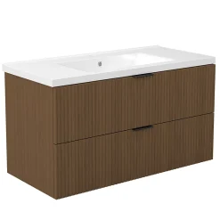 Meuble Vasque|AICA Sanitaire Meuble de salle de bain mural 100 cm Noyer - 2 tiroirs + Lavabo Céramique,