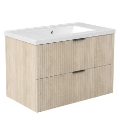 Meuble Vasque|AICA Sanitaire Meuble de salle de bain mural 80 cm Chêne - 2 tiroirs + Lavabo Céramique,