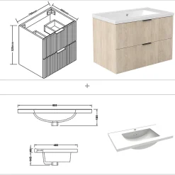 Meuble Vasque|AICA Sanitaire Meuble de salle de bain mural 80 cm Chêne - 2 tiroirs + Lavabo Céramique,