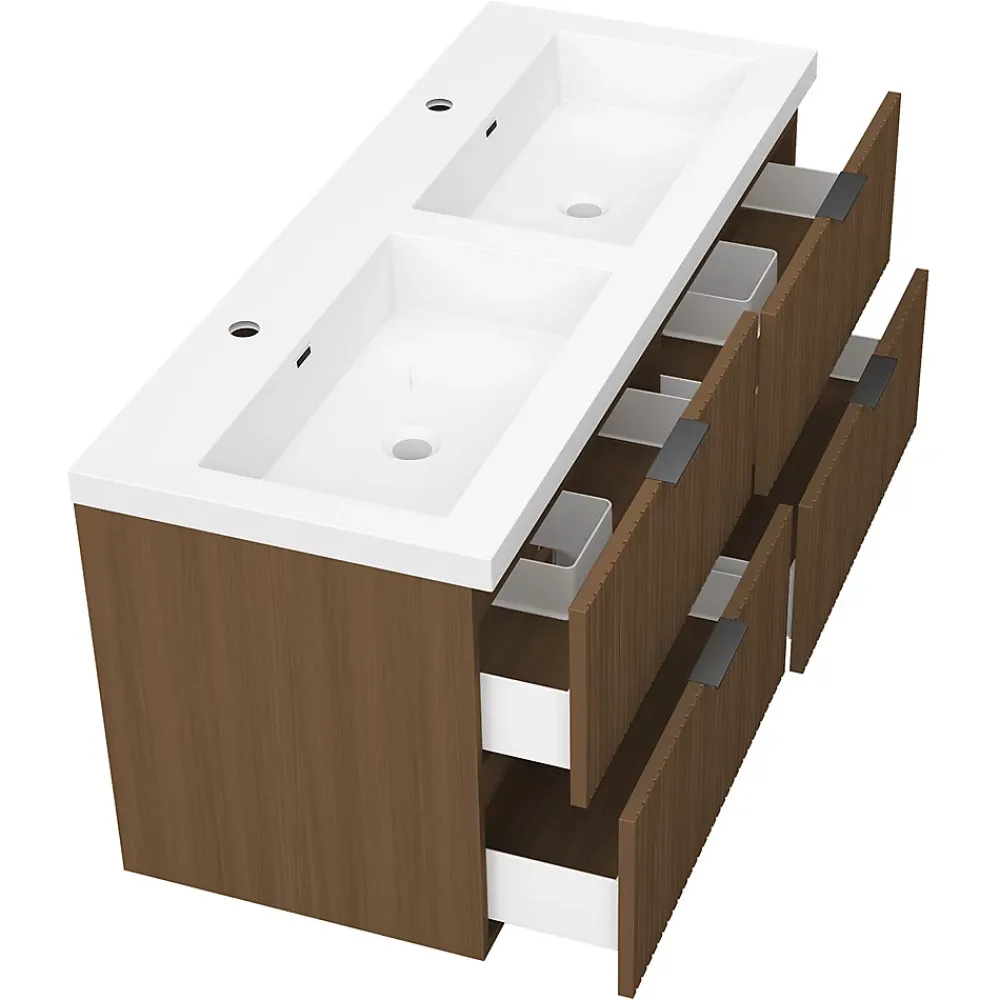 Meuble Vasque|AICA Sanitaire Meuble de salle de bain mural 120 cm Noyer - 4 tiroirs, lavabo (jointless & résistant),