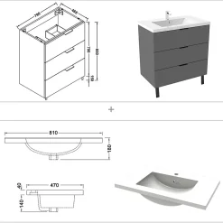 AICA Sanitaire Meuble de salle de bain mural avec pieds Anthracite 80 cm - 3 tiroirs, lavabo inclus,