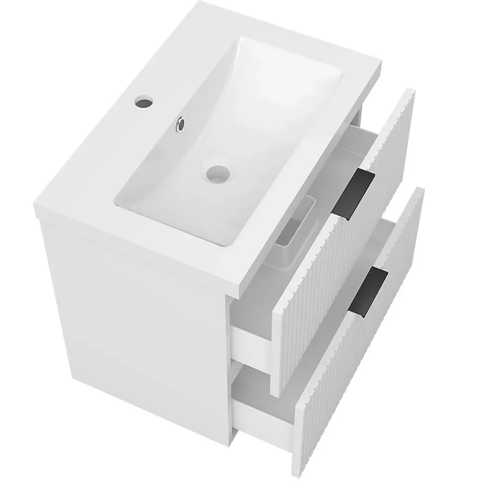 Meuble Vasque|AICA Sanitaire Meuble de salle de bain mural Blanc 60 cm - 2 tiroirs, lavabo inclus,