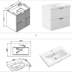 Meuble Vasque|AICA Sanitaire Meuble de salle de bain mural Blanc 60 cm - 2 tiroirs, lavabo inclus,