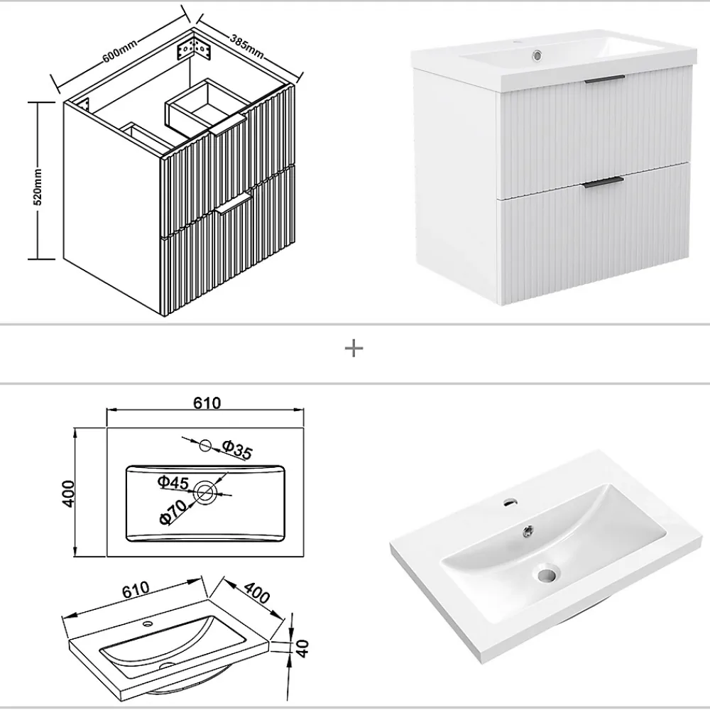 Meuble Vasque|AICA Sanitaire Meuble de salle de bain mural Blanc 60 cm - 2 tiroirs, lavabo inclus,