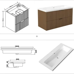 Meuble Vasque|AICA Sanitaire Meuble de salle de bain mural 100 cm Noyer - 2 tiroirs, lavabo (jointless & résistant),