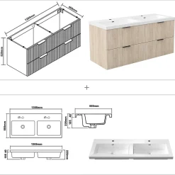 AICA Sanitaire Meuble de salle de bain mural 120 cm Chêne - 4 tiroirs, lavabo (jointless & résistant),