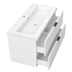 AICA Sanitaire Meuble de salle de bain mural 100 cm Blanc - 2 tiroirs, lavabo (jointless & résistant),