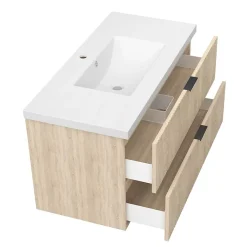 Meuble Vasque|AICA Sanitaire Meuble de salle de bain mural Chêne 100 cm - 2 tiroirs, lavabo inclus,