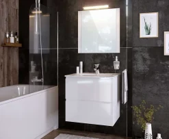 T-Bath Meuble de salle de bain NELI 2 tiroirs 60 cm blanc brillant Inclus lavabo, miroir et applique LED