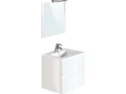 T-Bath Meuble de salle de bain NELI 2 tiroirs 60 cm blanc brillant Inclus lavabo, miroir et applique LED
