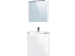 T-Bath Meuble de salle de bain NELI 2 tiroirs 60 cm blanc brillant Inclus lavabo, miroir et applique LED