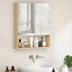 Armoire De Toilette|ProximaX Meuble de salle de bain, portes miroir, étagère ouverte, fixation murale, MDF, aggloméré, chêne
