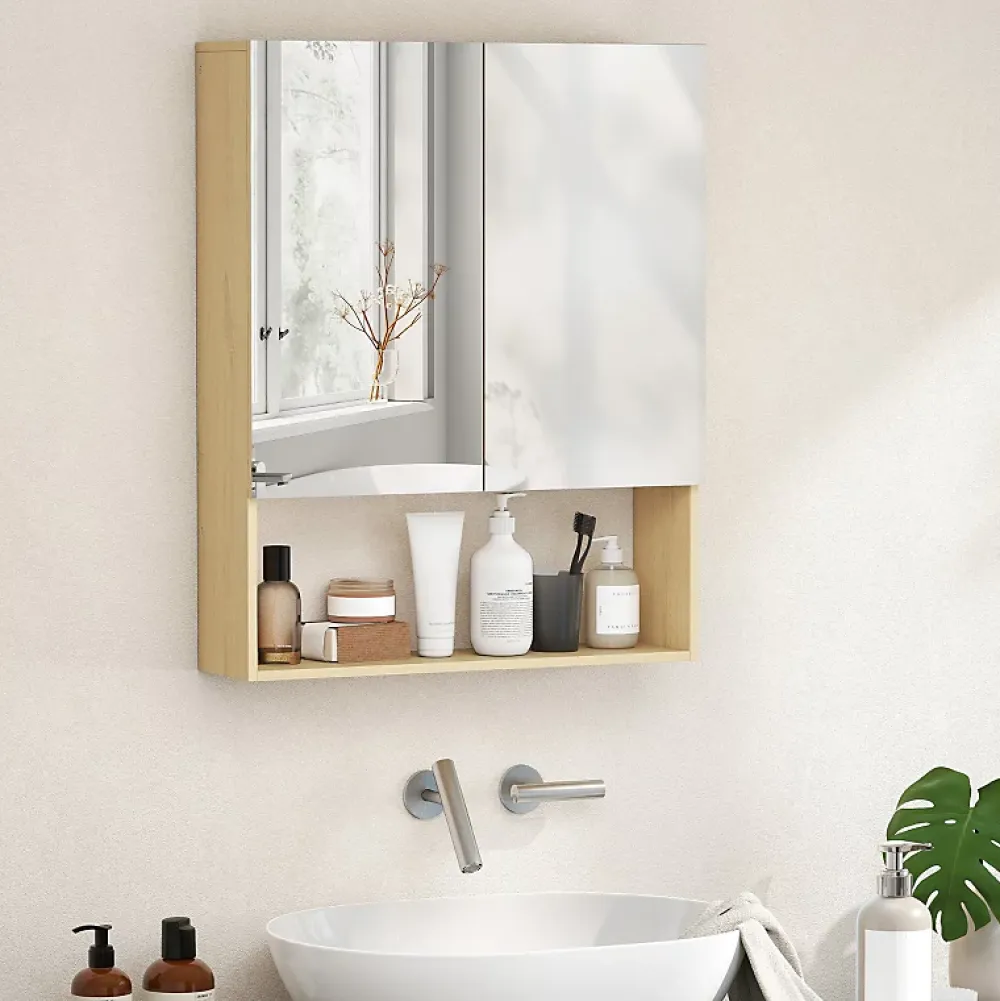 Armoire De Toilette|ProximaX Meuble de salle de bain, portes miroir, étagère ouverte, fixation murale, MDF, aggloméré, chêne
