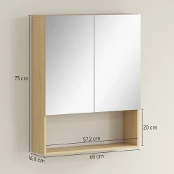 Armoire De Toilette|ProximaX Meuble de salle de bain, portes miroir, étagère ouverte, fixation murale, MDF, aggloméré, chêne