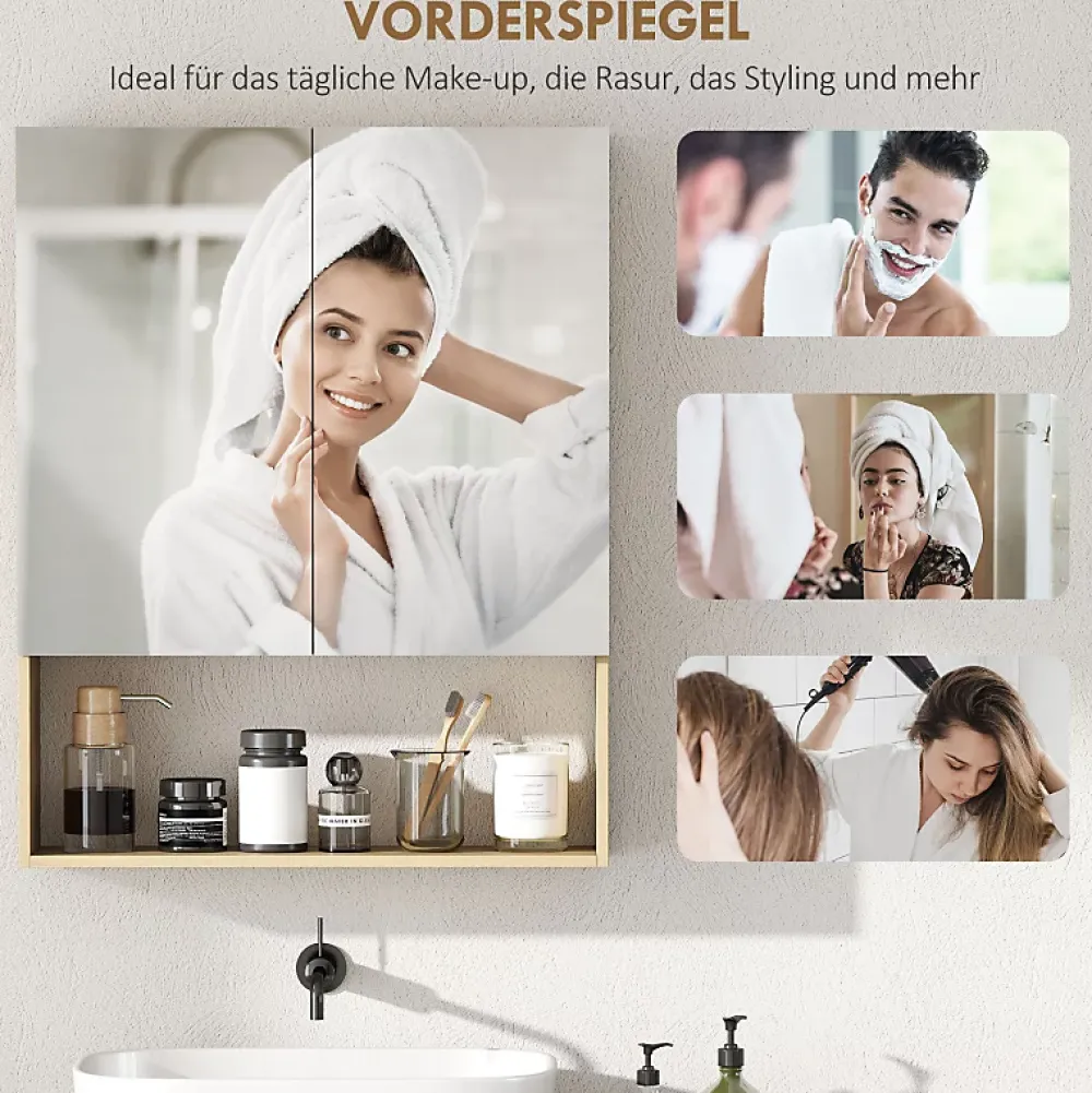 Armoire De Toilette|ProximaX Meuble de salle de bain, portes miroir, étagère ouverte, fixation murale, MDF, aggloméré, chêne