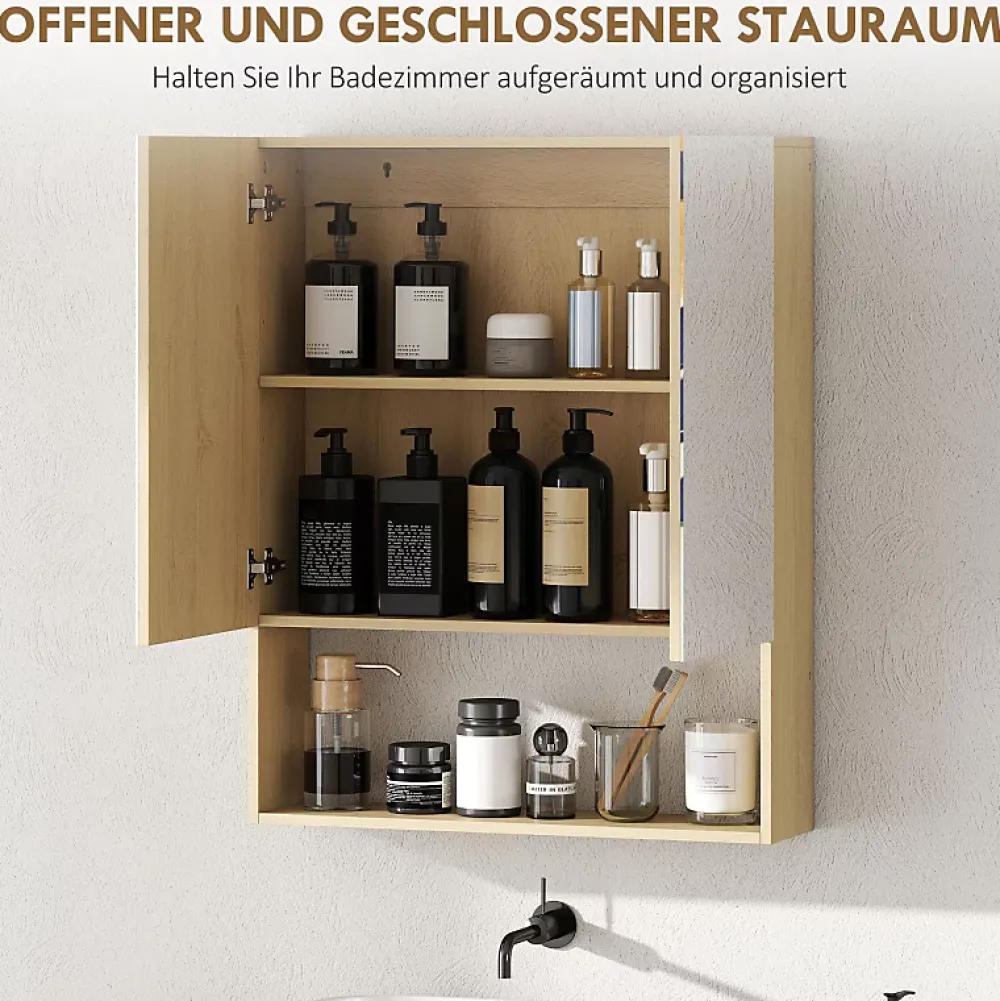 Armoire De Toilette|ProximaX Meuble de salle de bain, portes miroir, étagère ouverte, fixation murale, MDF, aggloméré, chêne