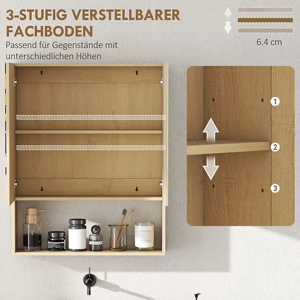 Armoire De Toilette|ProximaX Meuble de salle de bain, portes miroir, étagère ouverte, fixation murale, MDF, aggloméré, chêne