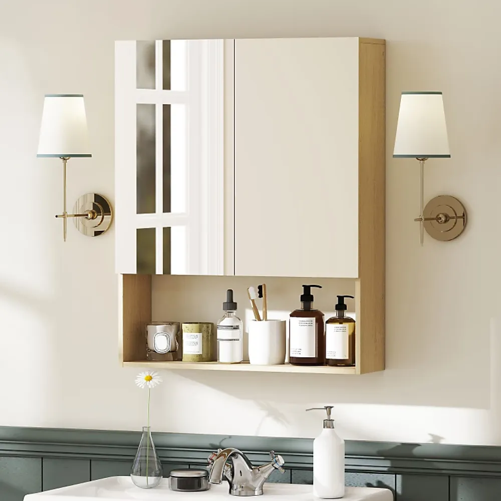 Armoire De Toilette|ProximaX Meuble de salle de bain, portes miroir, étagère ouverte, fixation murale, MDF, aggloméré, chêne