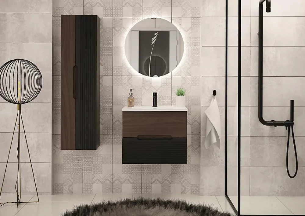 Furnidea Meuble de salle de bain sous vasque suspendu AVELLA noyer et noir 60 cm