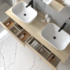 Cosyneo Meuble de salle de bain sans miroir avec vasques à poser arrondie BALEA - Bambou (chêne clair) - 120cm